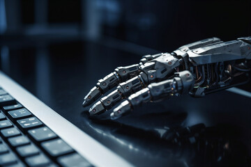 Fototapeta na wymiar Robotic hand pressing keyboard on laptop. AI concept background. AI generated.