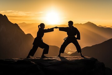 Couple practicing martial arts on the top of a mountain. Generative AI
