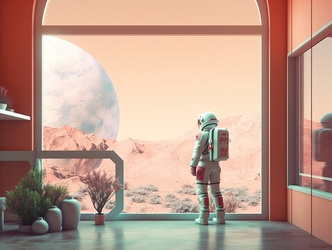 Surreal scene of an astronaut in a large house looking at a planet through a window, some plants near him (AI generated)