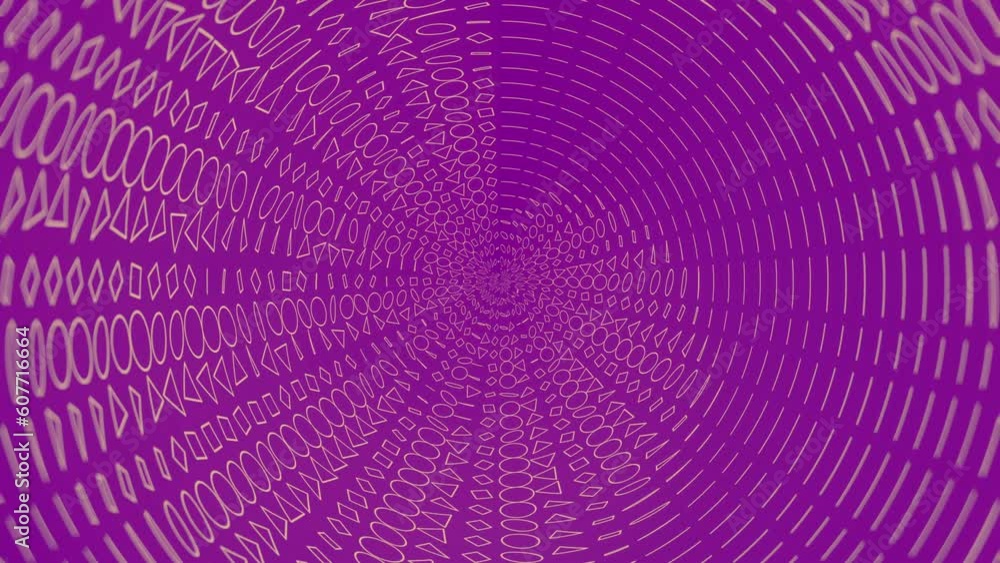 Poster Spiral diverging wave of chaotically rotating planar geometric shapes on violet background. Creative design. Digital seamless loop animation. 3d rendering. 4K, Ultra HD resolution
