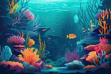 Underwater life of coral reefs, corals and fishes under water, marine life, generative AI.