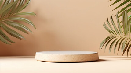 Obraz premium Minimal beige brown cement podium with leaf shadow for luxury organic cosmetic, skincare, beauty treatment product background. Generative Ai