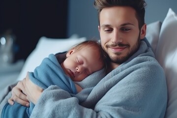 Man holding adorable baby wrapped in blue blanket. Generative AI