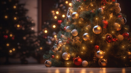Obraz na płótnie Canvas Christmas tree branches with festive balls. Generative Ai