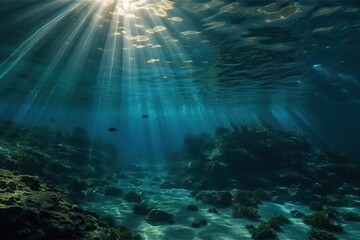 Fototapeta na wymiar Seabed and bright direct sunlight underwater, generative AI.