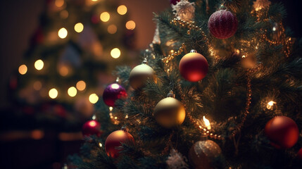 Obraz na płótnie Canvas Christmas tree branches with festive balls. Generative Ai