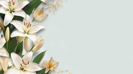 Fototapeta na wymiar Beautiful white lily flowers on blank background. Colorful flowers for Mother's day, Women's Day, Birthday card, Easter. Generative Ai