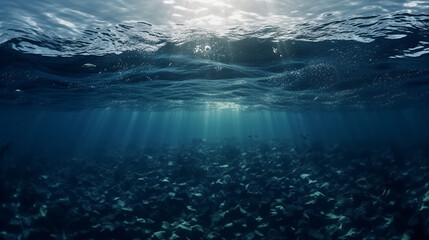 Fototapeta premium Underwater view with a sunlights. Generative Ai