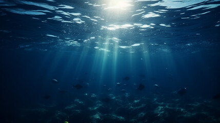 Fototapeta na wymiar Underwater view with a sunlights. Generative Ai