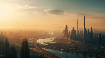 Fototapeta na wymiar Dubai at the sunset. Generative Ai