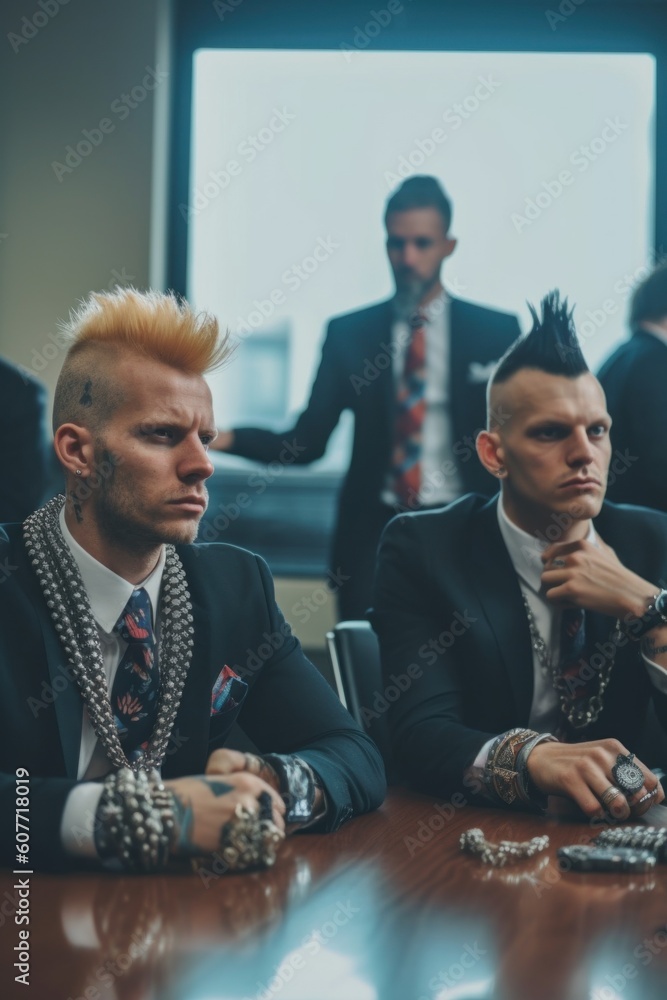Poster two men in suits sitting at a table. generative ai image.