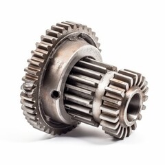 Real used motor steel gear transmission parts isolated on white background. Generative ai