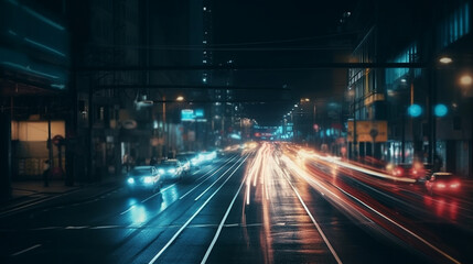 Fototapeta na wymiar Traffic lights in the night city. Generative Ai