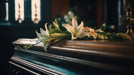 Flowers on a coffin in the funeral services. Generative Ai - obrazy, fototapety, plakaty