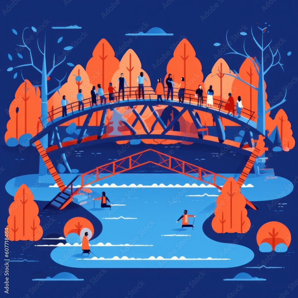 Poster a group of people standing on a bridge over a river. generative ai image.