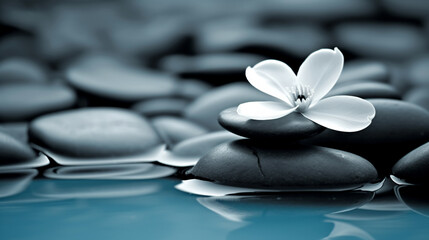 Spa stone with white flowers background. Stack of stones in calm water with lotus flower. Generative Ai