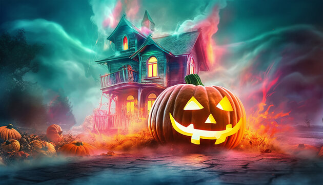 halloween poster, scary pumpkin and house, with fantastic background, generative ai