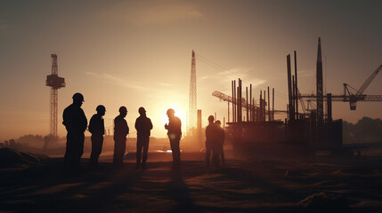 Silhouette of workers on construction site. Generative Ai