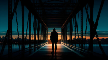 Silhouette of human on bridge. Generative Ai