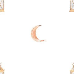 seamless watercolor pattern lantern, month, stars. beautiful pattern for ramadan holiday. for muslim dress textiles and home textiles. enjoy.