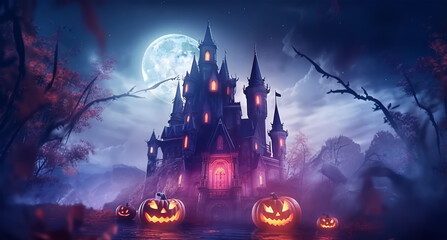 halloween background. scary haunted castle poster. generative ai - obrazy, fototapety, plakaty