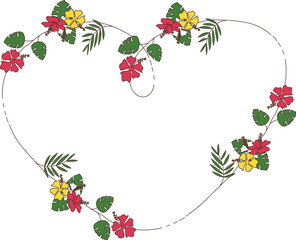 Illustration of a heart-shaped frame with flowers and leaves.