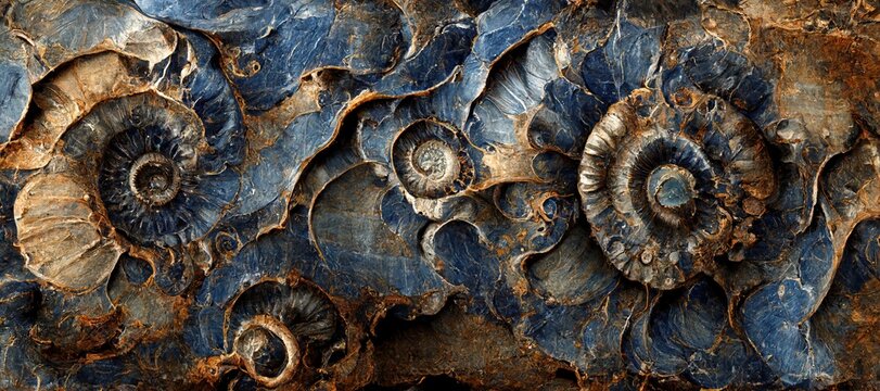 Fossilized ammonite sea shell spirals embedded into dark cobalt blue slate rock. Prehistoric layered and ridged stone texture with detailed surface patterns - generative ai