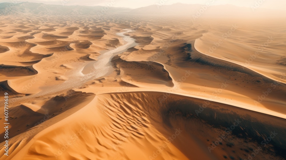 Poster an aerial view of sand dunes and a stream. generative ai image.