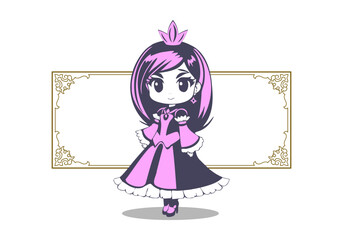 Vector little cute beautiful pink anime princess in a crown and dress on a golden frame background. White isolated background.