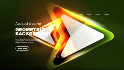 Abstract background landing page, geometric shape illuminated with glowing neon light on dark background. Futuristic city lights concept