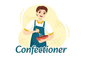Confectioner Vector Illustration with Chef Wearing Apron Preparing Dessert, Sweet Products and Pastry in Flat Cartoon Hand Drawn Templates