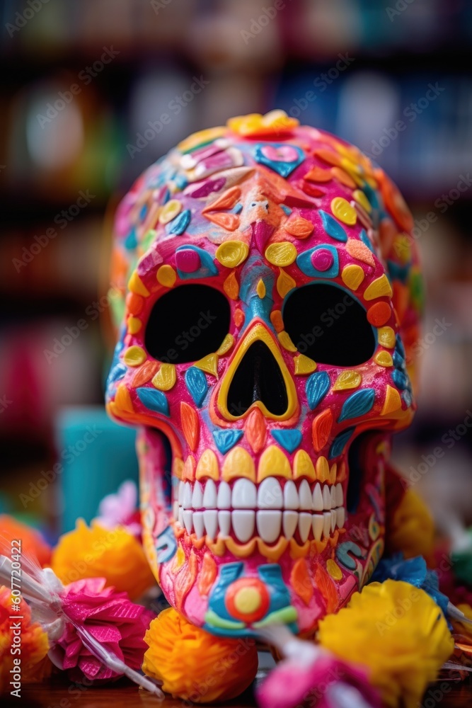Poster a colorful sugar skull sitting on top of a table. generative ai image.