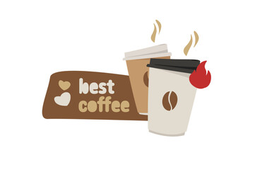 Two hot cups of coffee with a lid and hearts, favorite coffee. Simple flat agraphics for cafes. Time to drink coffee.