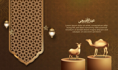 eid al adha background with goat and camel for poster, banner design. vector illustration