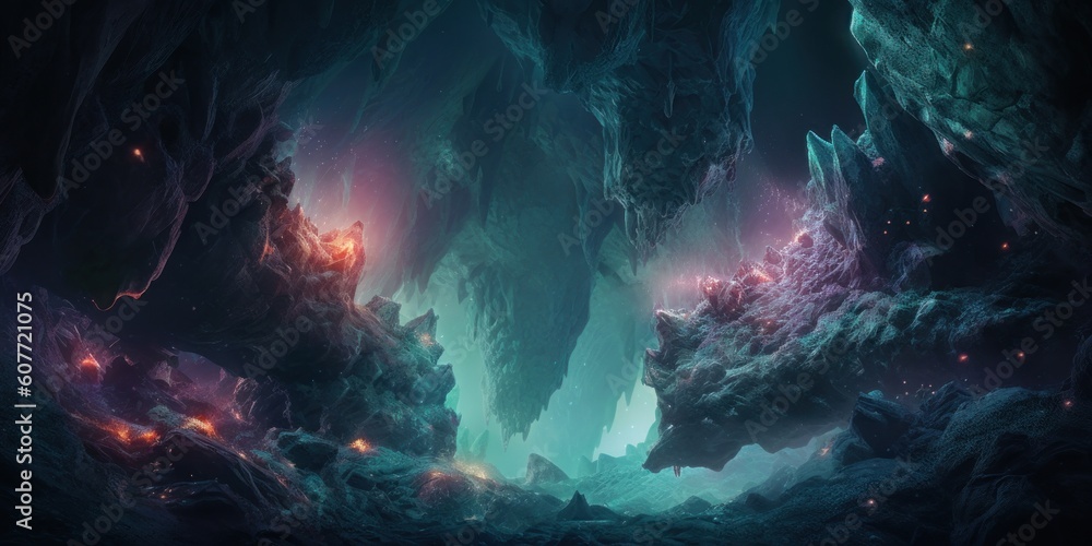 Poster an image of a cave in the middle of the night. generative ai image.