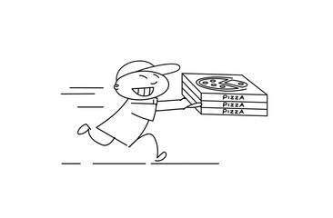 Happy Courier runs with pizza boxes in his hands. Express pizza delivery. Fast home delivery of lunch.