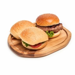 Large roast hamburger with loaf on wooden board, Generative ai