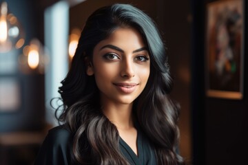 In bright modern office, a young 18 years old beautiful indian businesswoman with large smile. Generative AI AIG18.