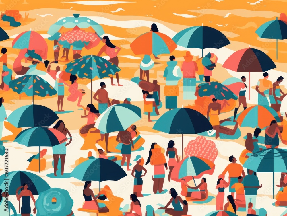Poster a crowd of people on a beach with umbrellas. generative ai image.