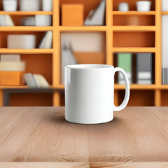 blank white 15 oz mug, no text, mockup, with wood desk in backdrop, HD