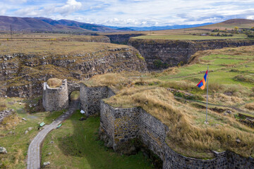 Drone view of Loriberd fortres on sunny autumn day. Lori Province, Armenia.
