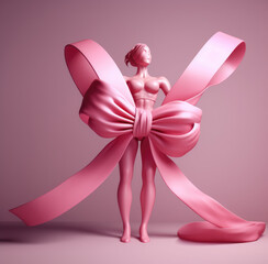 A powerful cancer survivor woman, strong woman lifting weights with a pink ribbon and a pink background. Generative AI