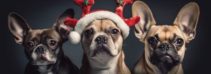 Three dogs are shown as they are dressed in Santa hats. Generative ai