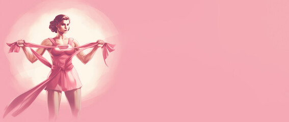 A powerful cancer survivor woman, strong woman lifting weights with a pink ribbon and a pink background. Generative AI