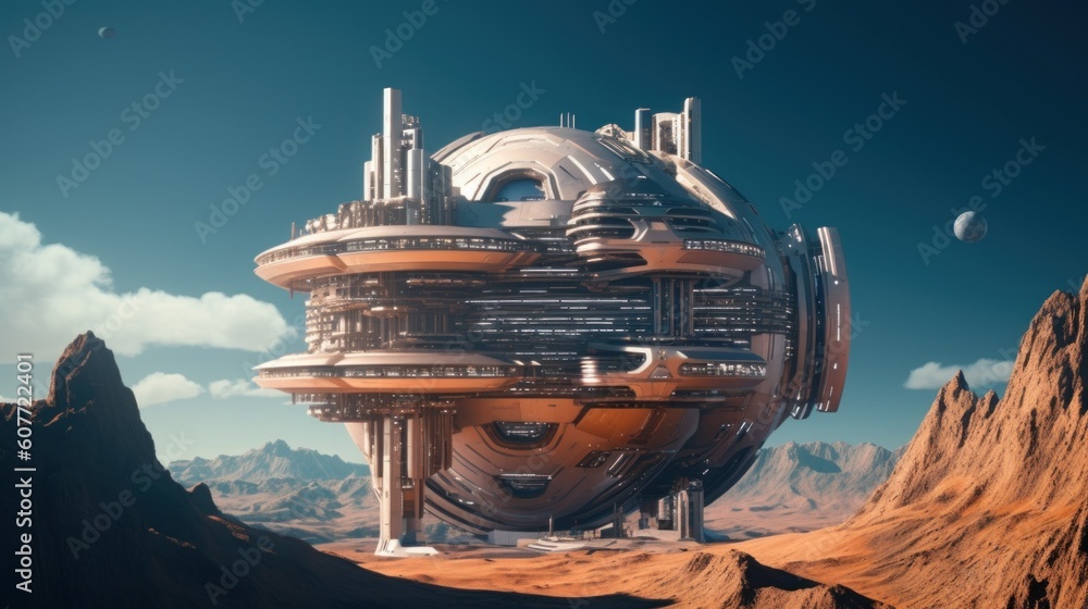 Aufkleber a futuristic building in the middle of a desert. generative ai image.