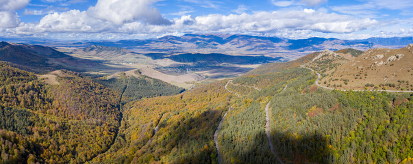 Panoramic aerial view of Dzoraget valley from above Pushkin pass on sunny autumn day. Lori...