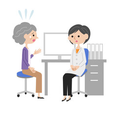 診察室で女医に不安を話すシニア女性