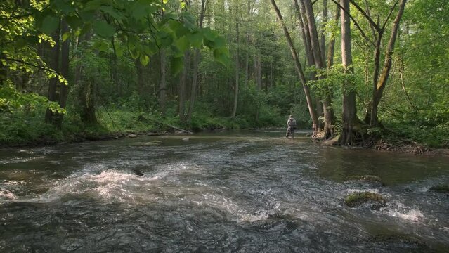 Fisherman catching brown trout on spinning tackle standing in river. Slow motion