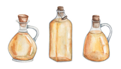 Watercolor illustration. Hand painted yellow virgin olive oil in glass jugs, square bottle with handle and brown cork. Sunflower oil. Orange juice in transparent pitcher. Isolated clip art for banners