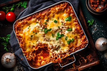 Top view of tray of homemade lasagna with layers of pasta, meat sauce, creamy bechamel and melted cheese. AI generated - obrazy, fototapety, plakaty